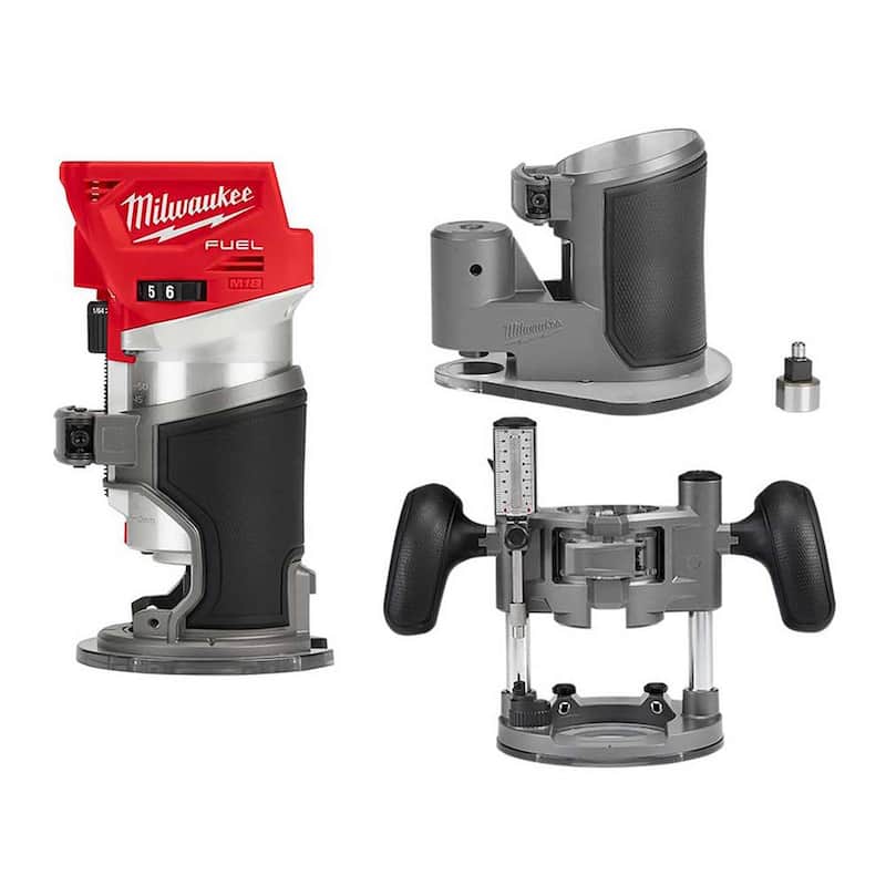 Enrutador compacto inalámbrico sin escobillas de 18V Milwaukee M18 FUEL con base de enrutador compacto desplazada y base de inmersión para enrutador - 2723-20-48-10-5602-48-10-5601