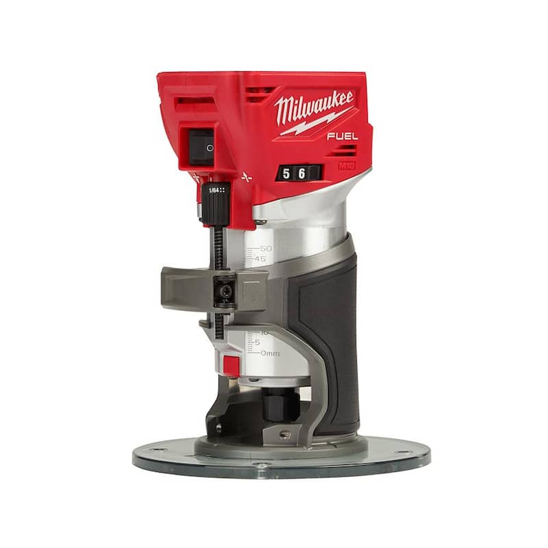 Enrutador compacto inalámbrico sin escobillas de 18V Milwaukee M18 FUEL con base de enrutador compacto desplazada y base de inmersión para enrutador - 2723-20-48-10-5602-48-10-5601