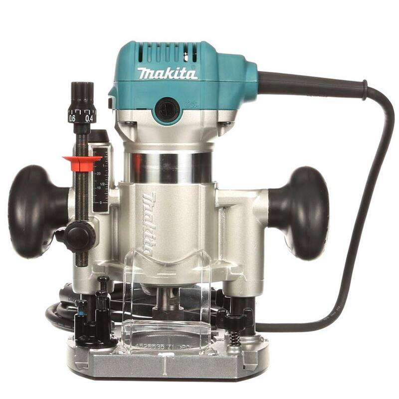 Enrutador compacto con cable de velocidad variable de 6.5 amperios y 1-1/4 HP de Makita con 3 bases (Base de inmersión, Base de inclinación y Base de compensación) - RT0701CX3