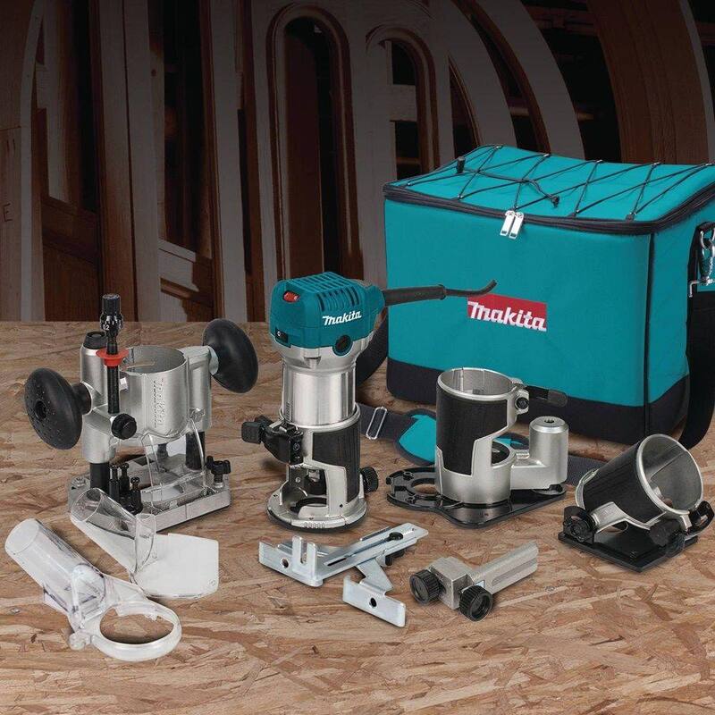 Enrutador compacto con cable de velocidad variable de 6.5 amperios y 1-1/4 HP de Makita con 3 bases (Base de inmersión, Base de inclinación y Base de compensación) - RT0701CX3