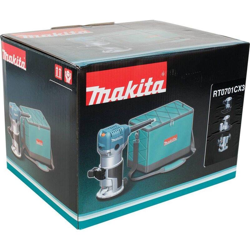 Enrutador compacto con cable de velocidad variable de 6.5 amperios y 1-1/4 HP de Makita con 3 bases (Base de inmersión, Base de inclinación y Base de compensación) - RT0701CX3