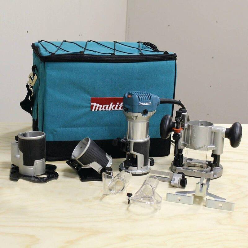 Enrutador compacto con cable de velocidad variable de 6.5 amperios y 1-1/4 HP de Makita con 3 bases (Base de inmersión, Base de inclinación y Base de compensación) - RT0701CX3