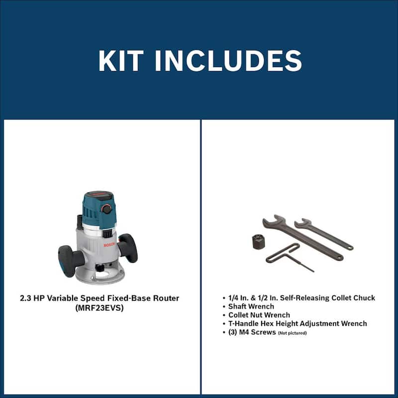 Bosch 15 Amperios 3-1/2 pulgadas 2.3 HP Enrutador de base fija eléctrico con cable y kit de control de velocidad variable con gatillo - MRF23EVS.