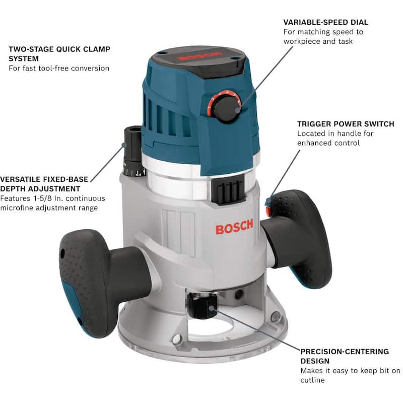 Bosch 15 Amperios 3-1/2 pulgadas 2.3 HP Enrutador de base fija eléctrico con cable y kit de control de velocidad variable con gatillo - MRF23EVS.