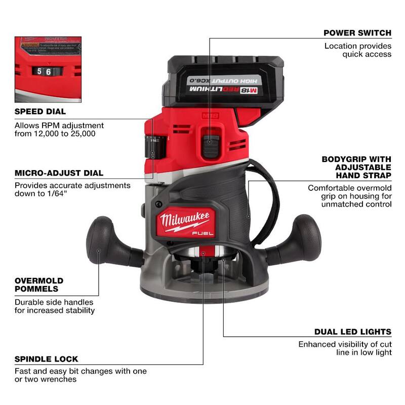 Milwaukee M18 FUEL 18-Volt Lithium-Ion Inalámbrico sin escobillas 1/2 pulgada Router Base de Plunge Kit con Adaptador de Riel de 1/2 pulgada - 2838-21-48-11-2838