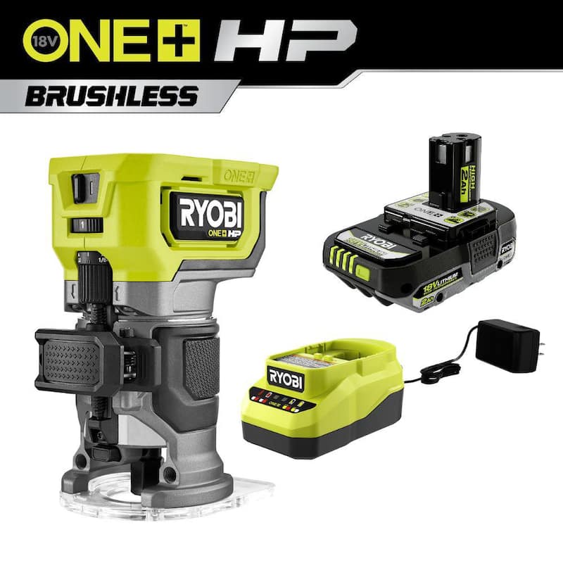 RYOBI ONE+ HP 18V Router Inalámbrico Compacto sin Escobillas Kit con batería de alto rendimiento de 2.0 Ah y cargador - PBLRR01K1