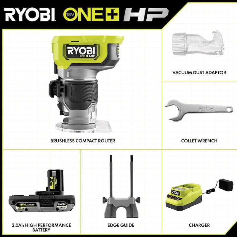 RYOBI ONE+ HP 18V Router Inalámbrico Compacto sin Escobillas Kit con batería de alto rendimiento de 2.0 Ah y cargador - PBLRR01K1