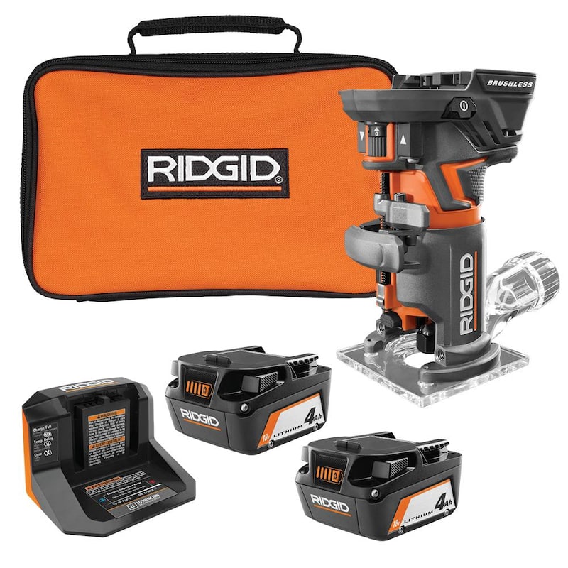 Router de base fija compacto brushless Ridgid 18V OCTANE con accesorios, (2) Baterías de 4.0 Ah, Cargador y Bolsa - R860443B-AC93044SBN.