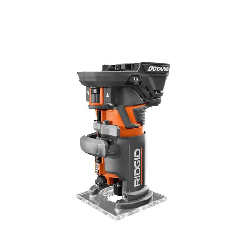Router de base fija compacto brushless Ridgid 18V OCTANE con accesorios, (2) Baterías de 4.0 Ah, Cargador y Bolsa - R860443B-AC93044SBN.