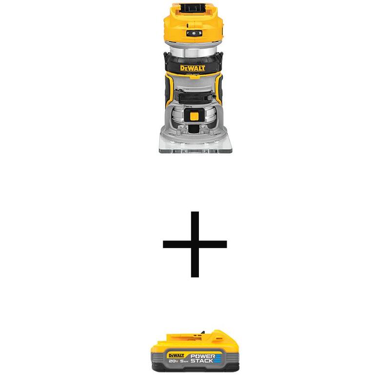 Enrutador compacto inalámbrico DEWALT 20V Max XR de ion de litio sin escobillas con base fija y paquete de batería de 20V de ion de litio 5.0Ah Powerstack - DCW600BWDCBP520