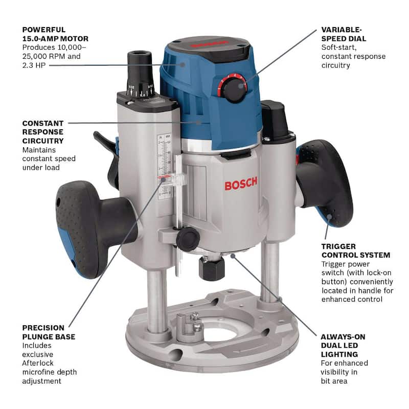 Enrutador de base de inmersión con luz LED Bosch de 15 amperes y 2.3 HP con velocidad variable electrónica de 3-1/2 pulgadas - MRP23EVS