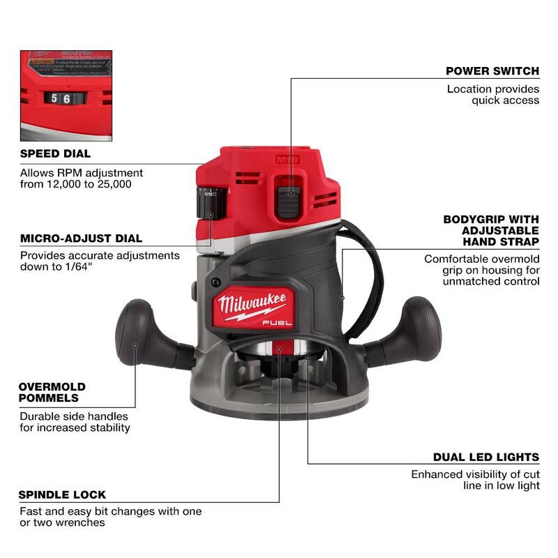Enrutador inalámbrico Milwaukee M18 FUEL de 18V de ion de litio sin escobillas de 1/2 pulgada (herramienta solamente) con adaptador de guía - 2838-20-48-11-2838