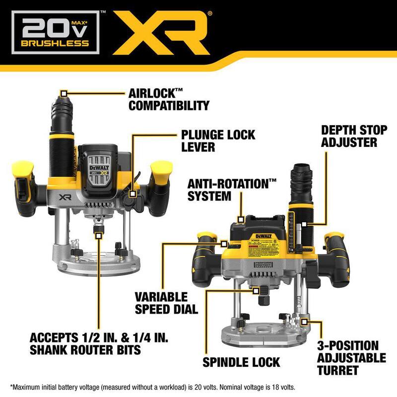 Enrutador sumergible inalámbrico sin escobillas DEWALT 20-Volt MAX XR de 2-1/4 caballos de fuerza pico de iones de litio con paquete de batería 20-Volt MAX XR 8.0 Ah - DCW620BWDCB2108