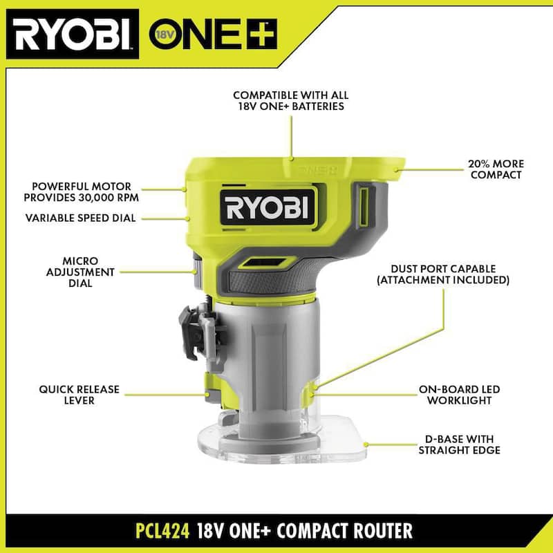 RYOBI ONE+ Enrutador compacto inalámbrico de base fija de 18V (Herramienta solamente) con juego de 24 piezas de brocas para enrutador - PCL424B-A252401