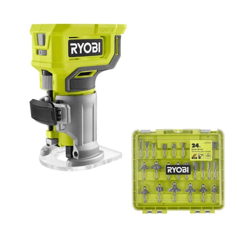 RYOBI ONE+ Enrutador compacto inalámbrico de base fija de 18V (Herramienta solamente) con juego de 24 piezas de brocas para enrutador - PCL424B-A252401