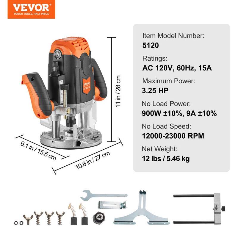 Enrutador de base sumergible electrónico de 15 amperios y 3-1/4 HP, de 120 voltios y 12000 a 23000 RPM de VEVOR con estuche de transporte y guía para trabajos de carpintería - DDZDMX3251412512NV1