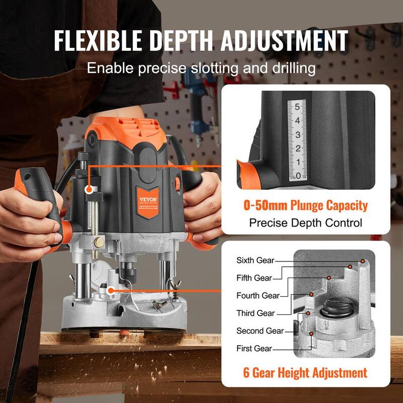 Enrutador de base sumergible electrónico de 15 amperios y 3-1/4 HP, de 120 voltios y 12000 a 23000 RPM de VEVOR con estuche de transporte y guía para trabajos de carpintería - DDZDMX3251412512NV1