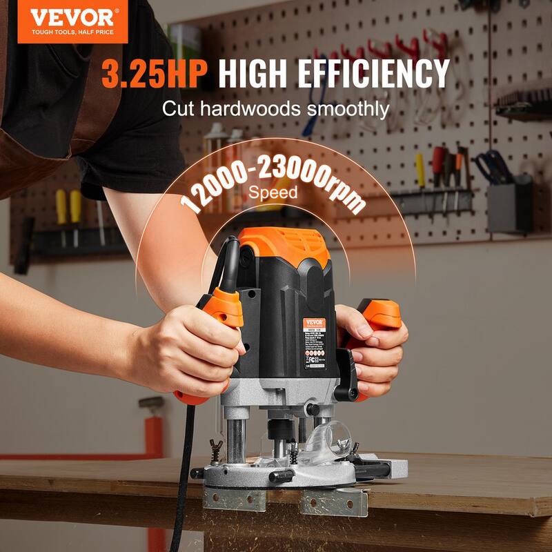 Enrutador de base sumergible electrónico de 15 amperios y 3-1/4 HP, de 120 voltios y 12000 a 23000 RPM de VEVOR con estuche de transporte y guía para trabajos de carpintería - DDZDMX3251412512NV1