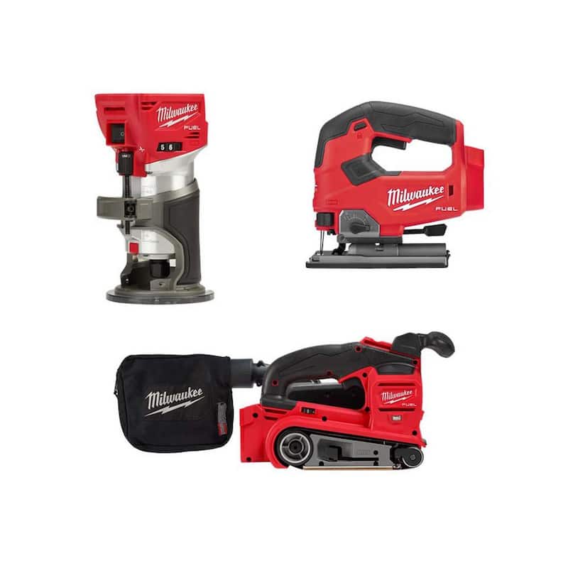 Enrutador compacto inalámbrico Milwaukee M18 FUEL de 18 voltios de iones de litio sin escobillas, sierra de calar y lijadora de banda - 2723-20-2737-20-2832-20