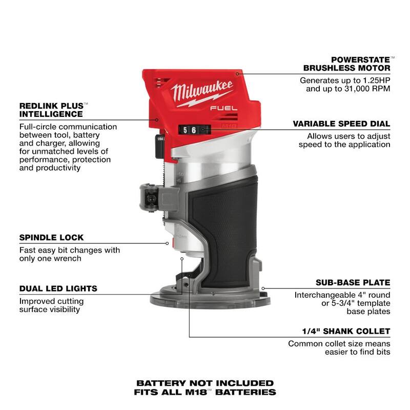 Enrutador compacto inalámbrico Milwaukee M18 FUEL de 18 voltios de iones de litio sin escobillas, sierra de calar y lijadora de banda - 2723-20-2737-20-2832-20