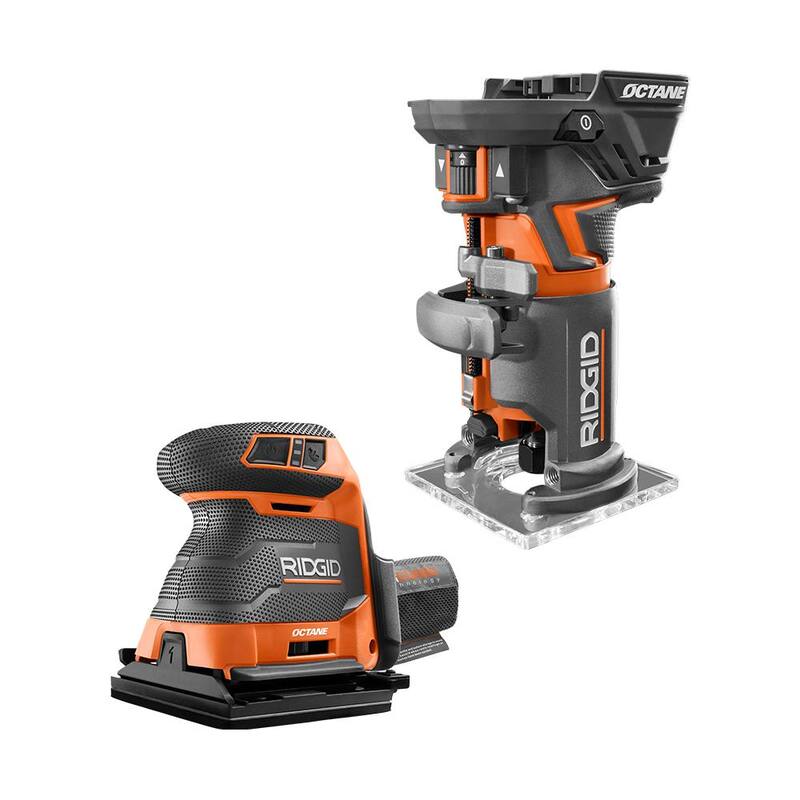 Juego de Combo de 2 Herramientas RIDGID 18V OCTANE Brushless Inalámbricas con Router de Base Fija Compacto y Lijadora de 3 Velocidades de 1/4 de Hoja (Solo Herramientas) - R860443B-R86064B