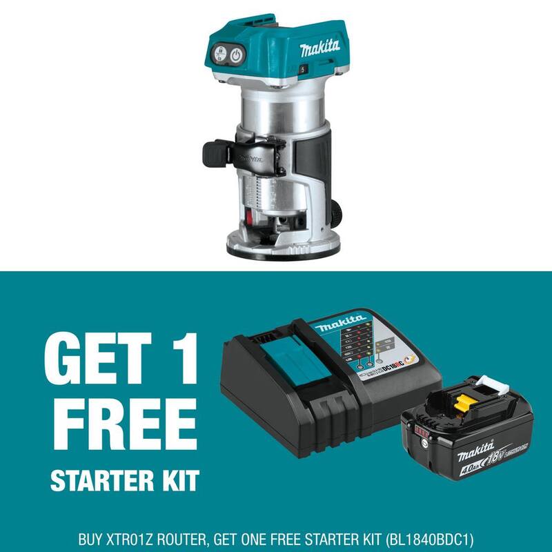 Enrutador compacto sin escobillas de 18V LXT de  Makita con batería de iones de litio de 18V 4.0Ah y paquete de inicio de cargador - XTR01ZBL1840BDC