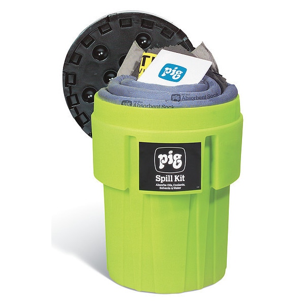 Pig Spill Kit, 39 gal Volume Absorbed per Kit, 65 gal Capacity, Drum, Green, 136 - KIT263