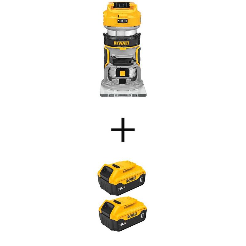 Enrutador compacto de base fija inalámbrico DEWALT de 20 V MAX de ion de litio sin escobillas con (2) paquetes de baterías Premium 5.0 Ah de 20 V MAX - DCW600BWCB205-2