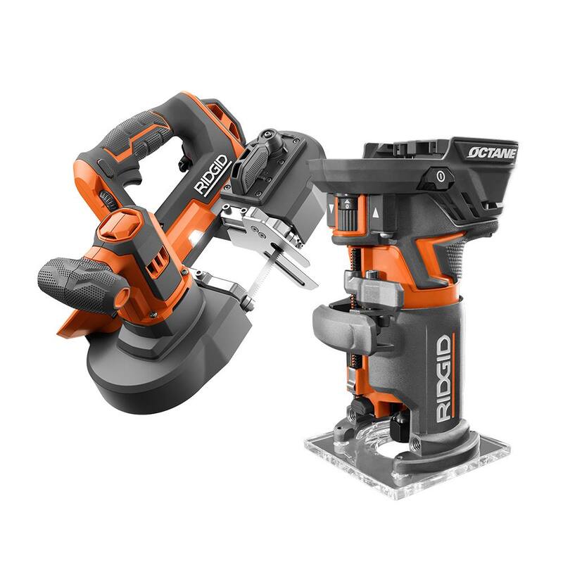 Kit de combinación de 2 herramientas inalámbricas RIDGID de 18V con sierra de banda compacta y enrutador de base fija compacto sin escobillas OCTANE (solo herramientas) - R8604B-R860443B