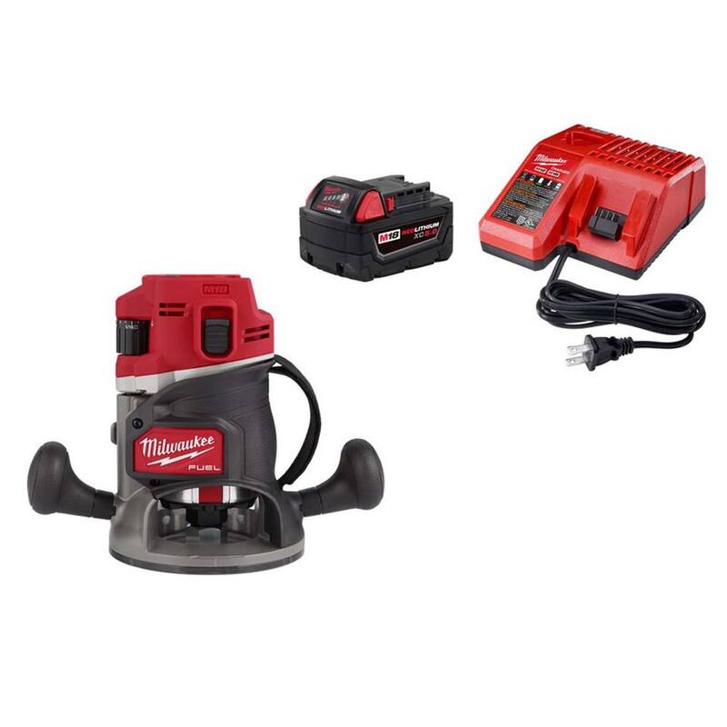 Router de inmersión Milwaukee M18 FUEL de 18 voltios, inalámbrico, sin escobillas, con base de inmersión (herramienta solamente) con batería M18 XC5.0 Ah y cargador - 2838-20-48-59-1850