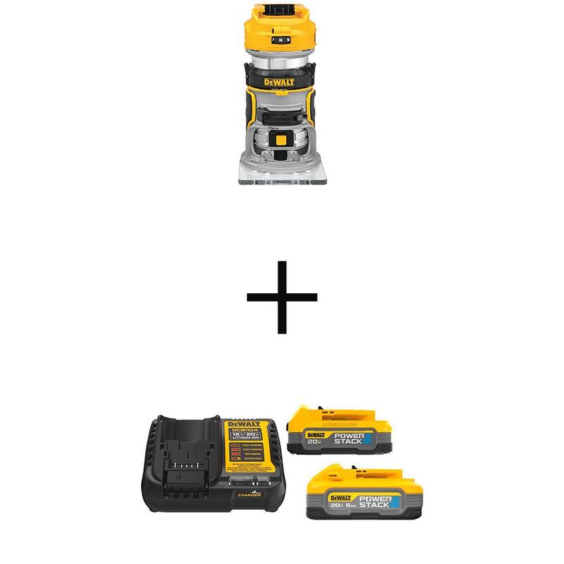 Enrutador compacto inalámbrico de base fija DEWALT 20V MAX XR de iones de litio con motor sin escobillas, con pila de energía de 5Ah y 1.7Ah y cargador - DCW600BWP315-2C