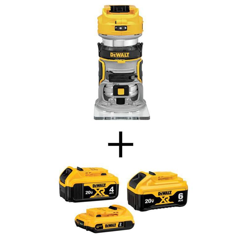Enrutador de base fija compacto inalámbrico DEWALT 20V MAX XR, (1) Batería 20V 6.0Ah, (1) Batería 20V 4.0Ah y (1) Batería 2.0Ah - DCB346-3WCW600B