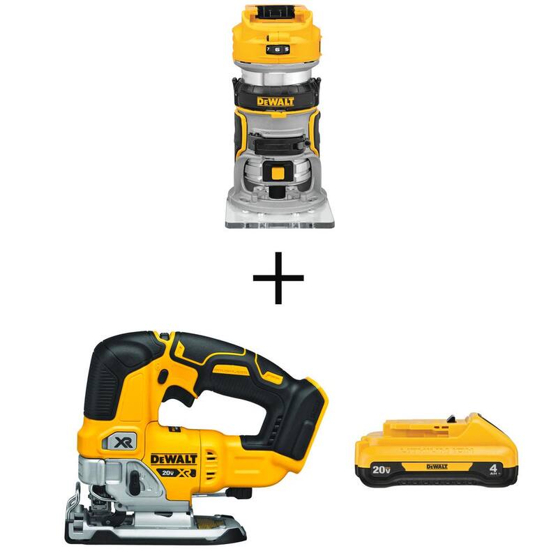 Enrutador sin cable DEWALT 20V MAX de iones de litio sin escobillas, sierra de calar sin escobillas de 20V y (1) batería de 20V 4.0Ah - DCW600BW334240