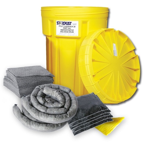 Stardust Spill Products Spill Kit, 28 gal Volume Absorbed per Kit, 30 gal Capacity, Drum, Yellow, 58 - D930U