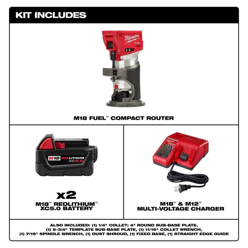 Milwaukee M18 FUEL 18V Lithium-Ion Sin escobillas Router compacto inalámbrico con (2) baterías de 5.0Ah y cargador - 48-59-1852B-2723-20X