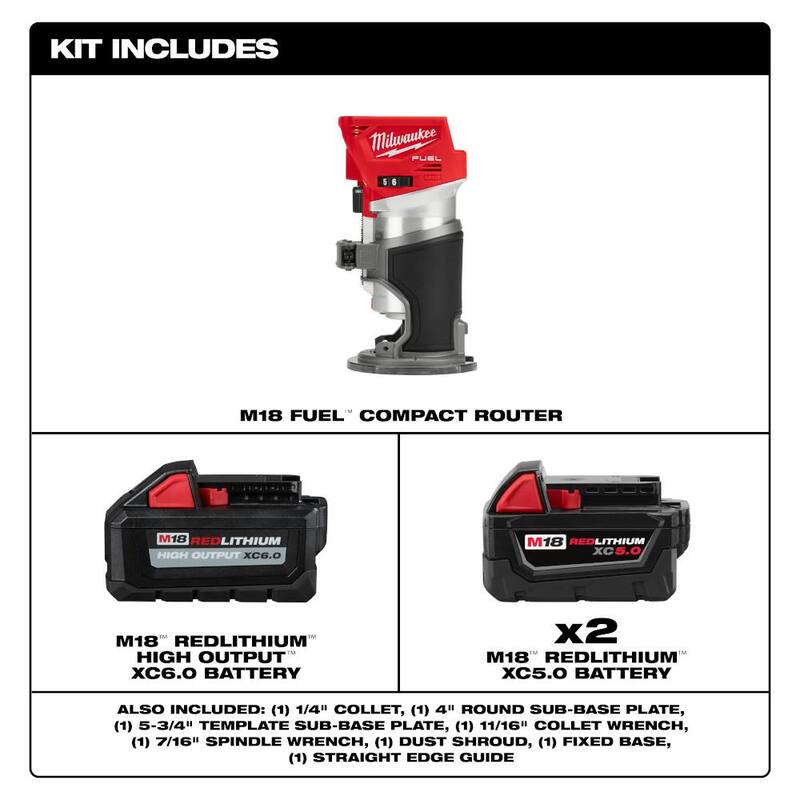 Enrutador compacto inalámbrico sin escobillas Milwaukee M18 FUEL de 18V de iones de litio con batería M18 (1) de alto rendimiento de 6.0Ah y (2) baterías de 5.0Ah - 2723-20-48-11-1856