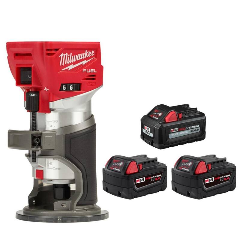 Enrutador compacto inalámbrico sin escobillas Milwaukee M18 FUEL de 18V de iones de litio con batería M18 (1) de alto rendimiento de 6.0Ah y (2) baterías de 5.0Ah - 2723-20-48-11-1856