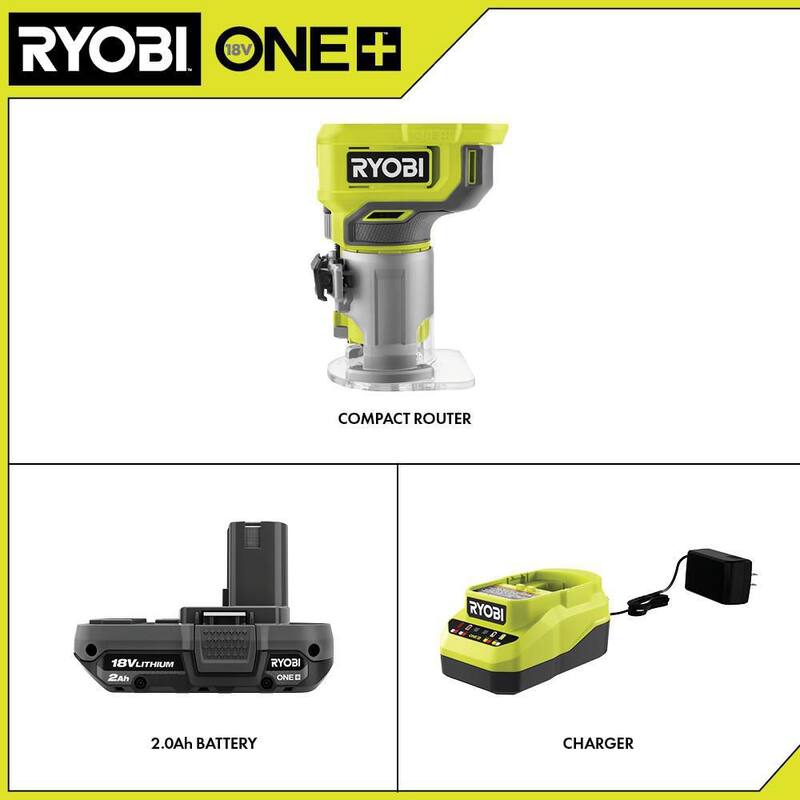Juego de enrutador compacto RYOBI ONE+ 18V con batería de 2.0 Ah, cargador y batería de alto rendimiento de 6.0 Ah (paquete de 2) - PCL424K1-PBP2007