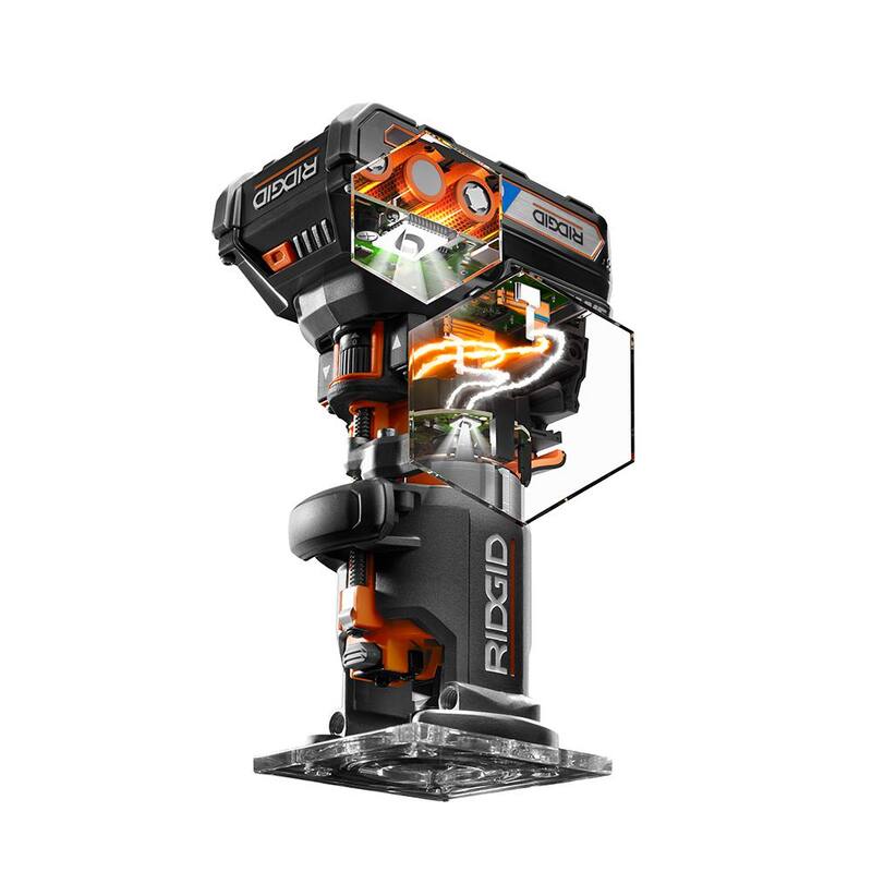 Enrutador compacto inalámbrico sin escobillas RIDGID 18V OCTANE con base fija, con bases redondas y cuadradas y batería de iones de litio de 18V y 4.0 Ah - R860443B-AC87004.