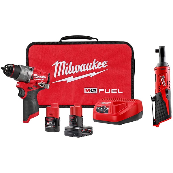 Milwaukee Tool Combo Kit and Ratchet, 12 V, Includes Batteries/Charger - 3403-22, 2457-20