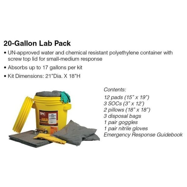 Brady Spill Kit, 16 gal Volume Absorbed per Kit, 20 gal Capacity, Drum, Yellow - SKA-20