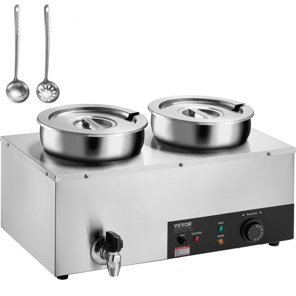 VEVOR Electric Soup Warmer, Dual 7.4QT Stainless Steel Round Pot 86~185°F Adjustable Temp, 1200W Commercial Bain Marie with Anti-dry Burn and Reset Button, Soup Station for Restaurant, Buffet, Silver - BW2274QT1200WGG9TV1