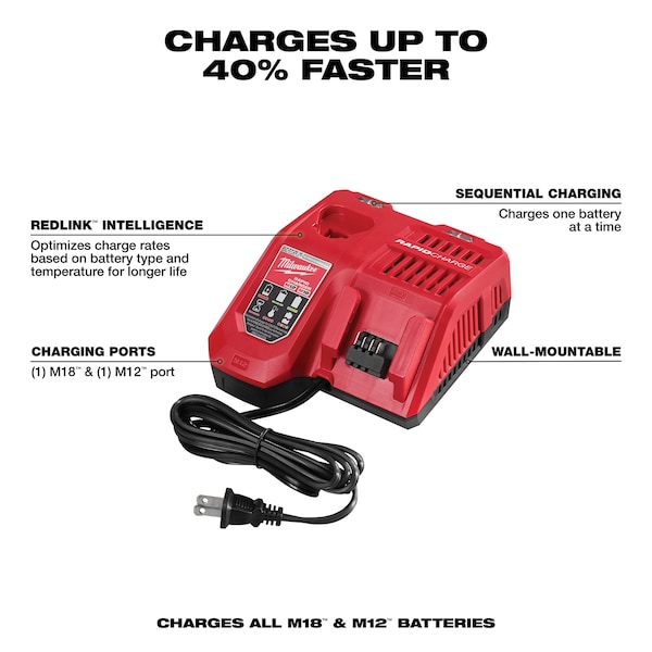 Milwaukee Tool M18 & M12 Rapid Charger, Multi-Voltage Battery Charger, 12-Volt/18-Volt, Lithium-Ion - 48-59-1808