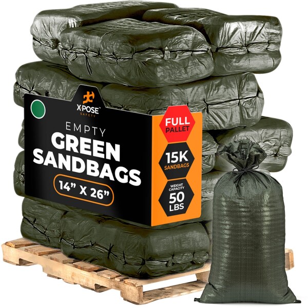 Xpose Safety Woven Polypropylene Sand Bags for Gravel - 14in x 26in 50 lb Limit, Green, Pallet of 15,000 - SBG-1426-FP15000-X