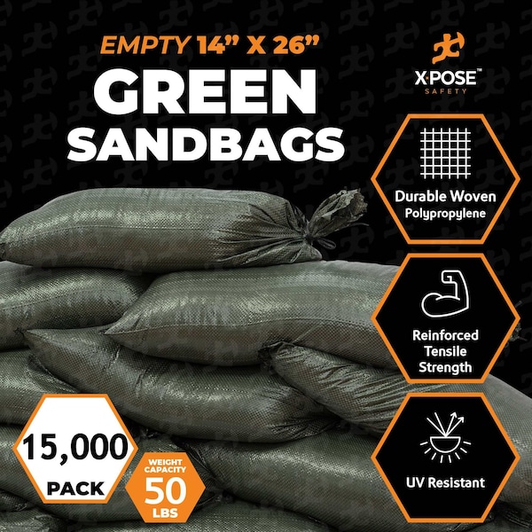 Xpose Safety Woven Polypropylene Sand Bags for Gravel - 14in x 26in 50 lb Limit, Green, Pallet of 15,000 - SBG-1426-FP15000-X