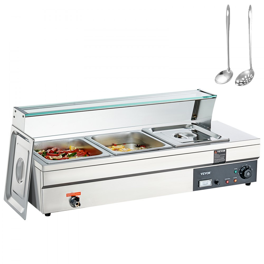 VEVOR 3-Pan Commercial Food Warmer, 3 x 12QT Electric Steam Table with Tempered Glass Cover, 1500W Countertop Stainless Steel Buffet Bain Marie 86-185°F Temp Control for Catering, Restaurants, Silver - BL312QT1500W3CLFRV1
