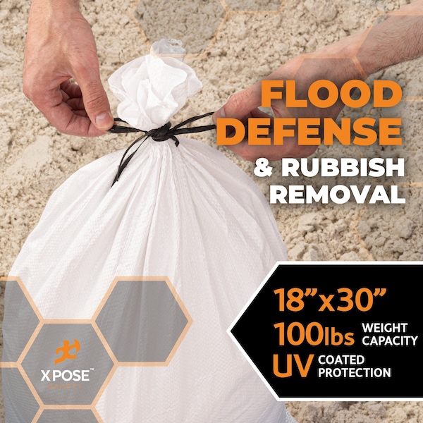 Xpose Safety Woven Poly Sand Bags for Flooding, 18 x 30, 100 lb WL, Empty, White, Pack of 500, 500PK - SBW-1830-500-X-S