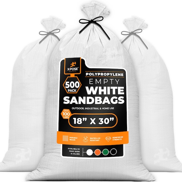 Xpose Safety Woven Poly Sand Bags for Flooding, 18 x 30, 100 lb WL, Empty, White, Pack of 500, 500PK - SBW-1830-500-X-S