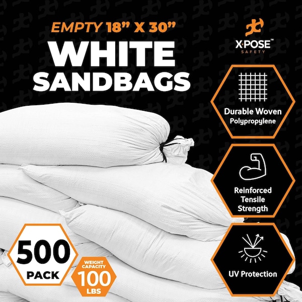 Xpose Safety Woven Poly Sand Bags for Flooding, 18 x 30, 100 lb WL, Empty, White, Pack of 500, 500PK - SBW-1830-500-X-S