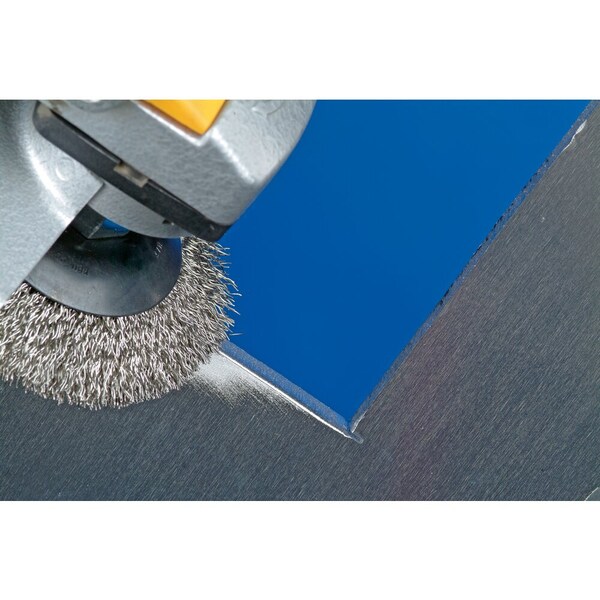 Pferd 4-1/2'' Dia. crimped wire bevel brush - .014'' stainless steel wire, 5/8-11 threaded nut - 82371